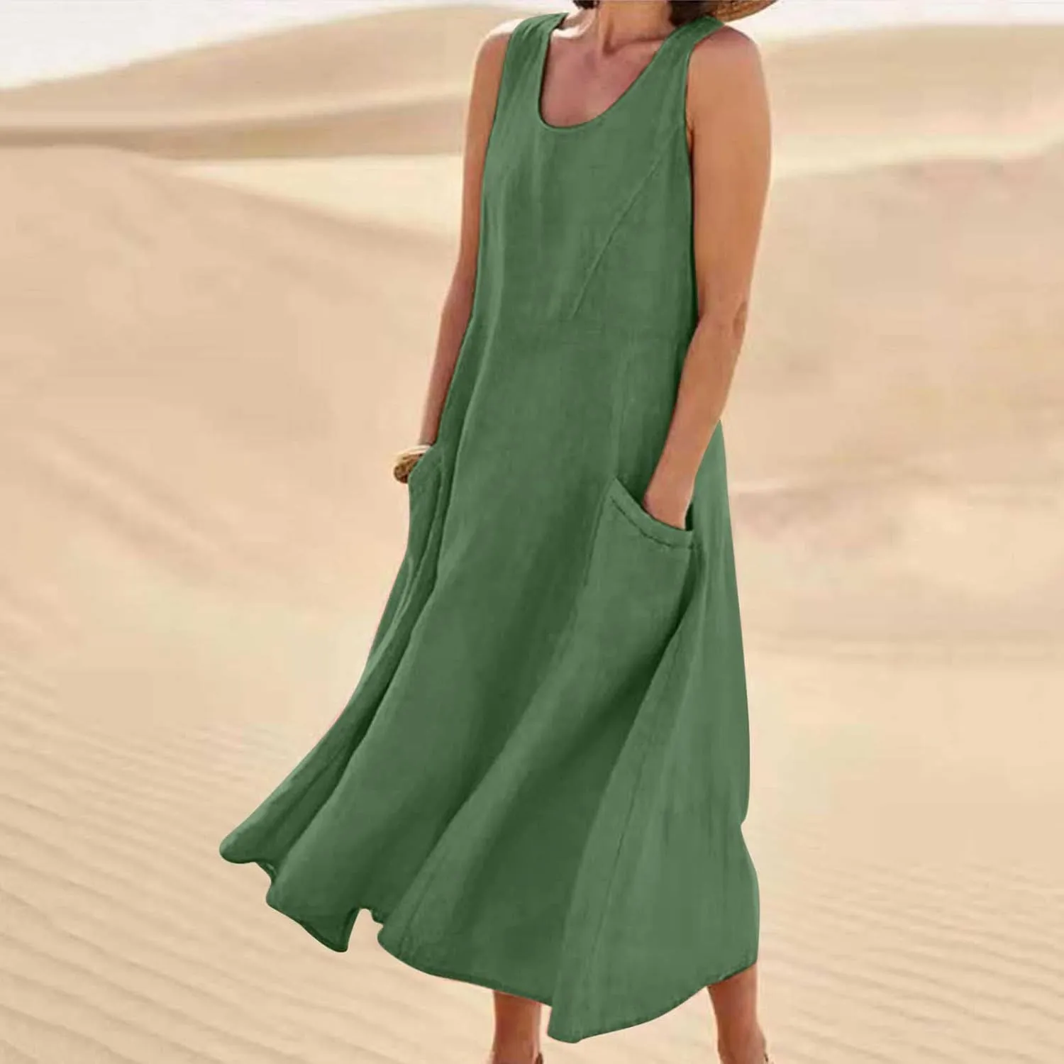 Womens Summer Casual Midi Maxi Dresses Plus Size Cotton Linen Sundresses Sleeveless Boho Flowy Dress with Pockets