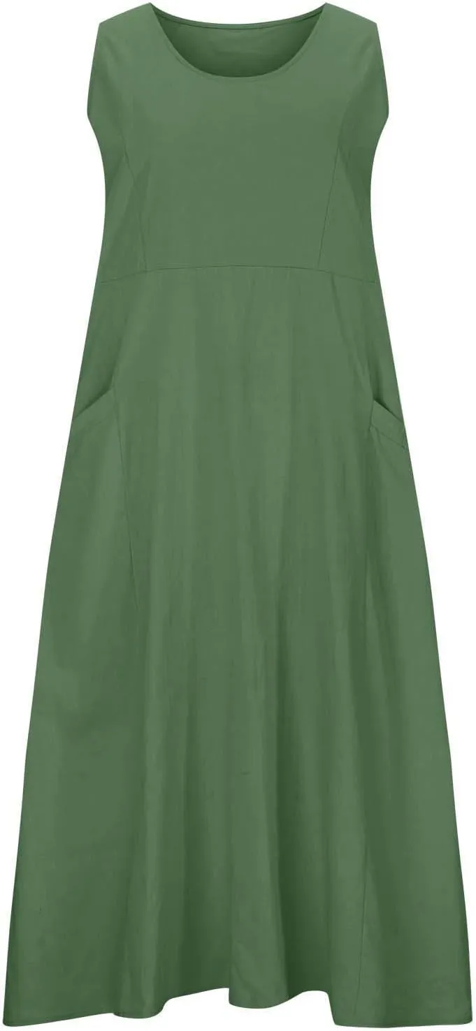 Womens Summer Casual Midi Maxi Dresses Plus Size Cotton Linen Sundresses Sleeveless Boho Flowy Dress with Pockets