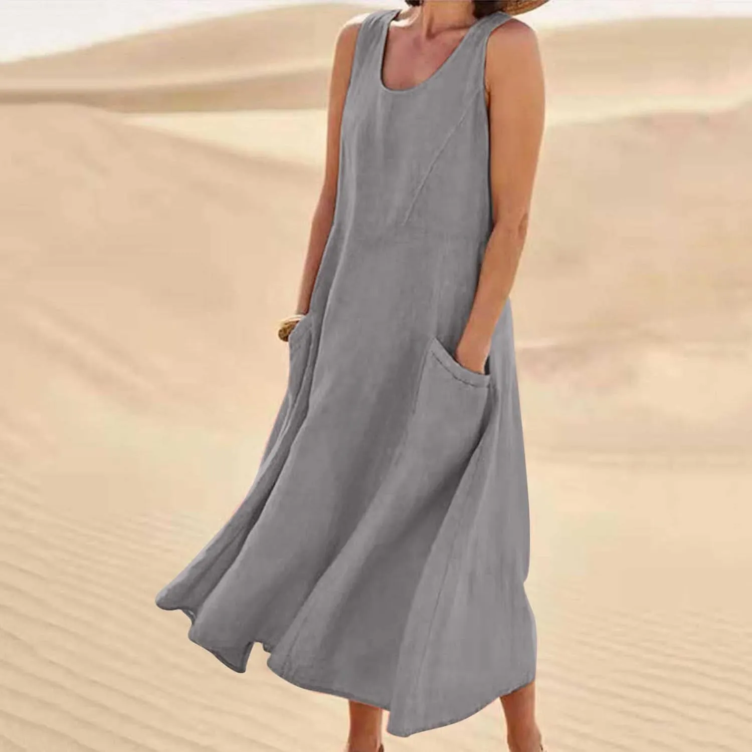 Womens Summer Casual Midi Maxi Dresses Plus Size Cotton Linen Sundresses Sleeveless Boho Flowy Dress with Pockets