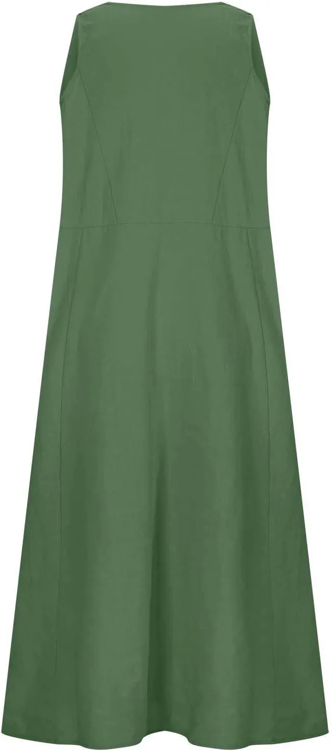 Womens Summer Casual Midi Maxi Dresses Plus Size Cotton Linen Sundresses Sleeveless Boho Flowy Dress with Pockets