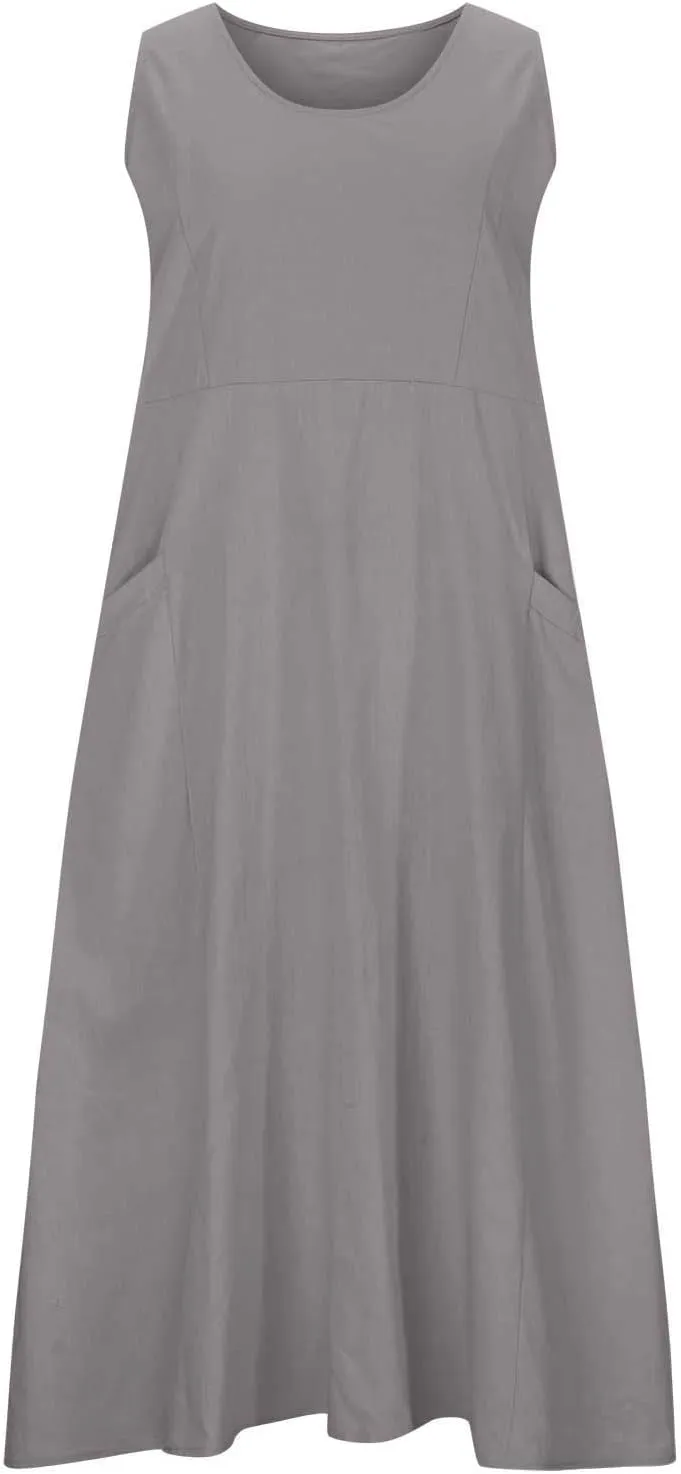 Womens Summer Casual Midi Maxi Dresses Plus Size Cotton Linen Sundresses Sleeveless Boho Flowy Dress with Pockets