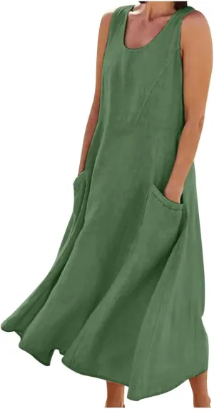 Womens Summer Casual Midi Maxi Dresses Plus Size Cotton Linen Sundresses Sleeveless Boho Flowy Dress with Pockets