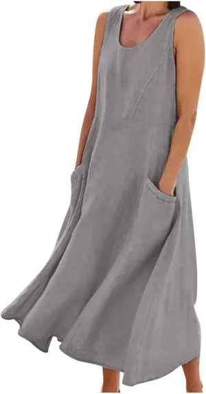 Womens Summer Casual Midi Maxi Dresses Plus Size Cotton Linen Sundresses Sleeveless Boho Flowy Dress with Pockets