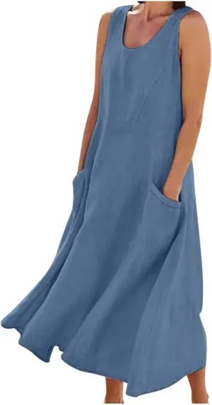 Womens Summer Casual Midi Maxi Dresses Plus Size Cotton Linen Sundresses Sleeveless Boho Flowy Dress with Pockets