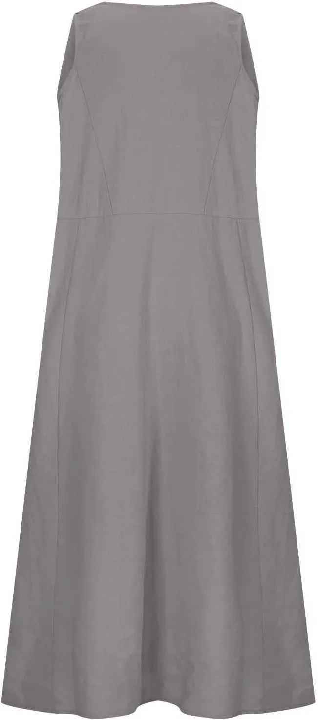 Womens Summer Casual Midi Maxi Dresses Plus Size Cotton Linen Sundresses Sleeveless Boho Flowy Dress with Pockets