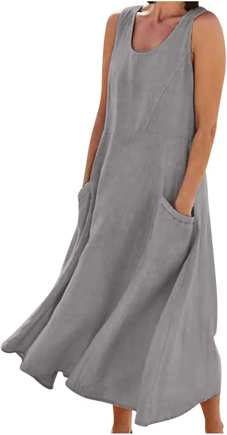 Womens Summer Casual Midi Maxi Dresses Plus Size Cotton Linen Sundresses Sleeveless Boho Flowy Dress with Pockets