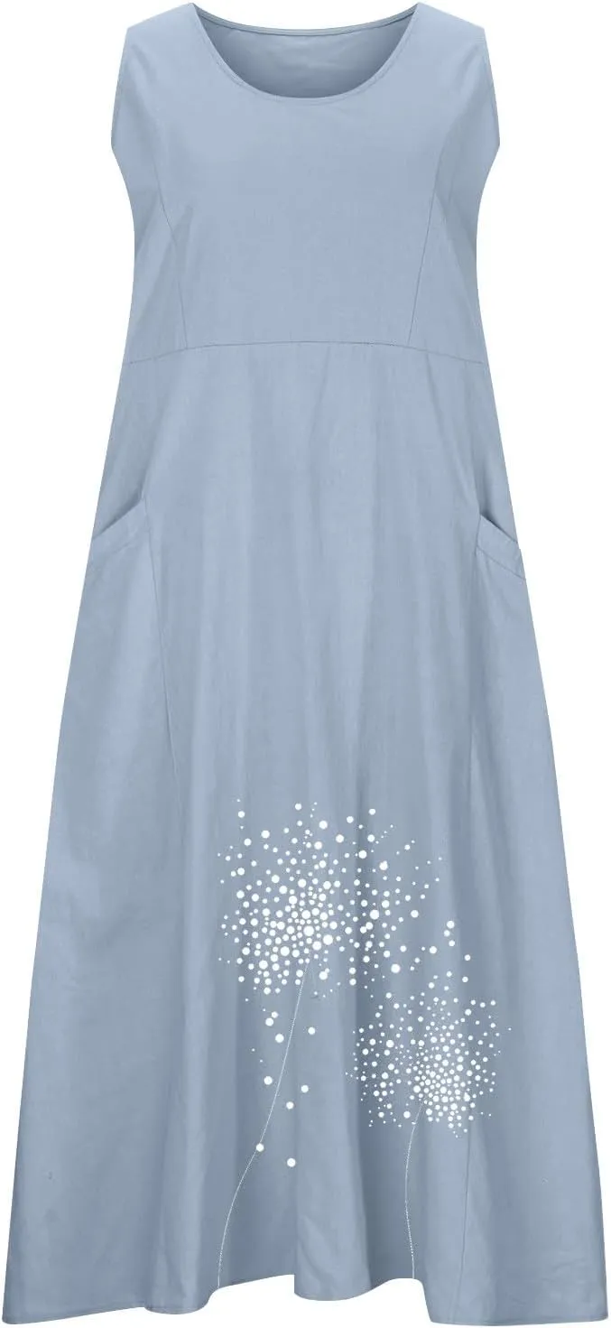 Women's Summer Casual Sleeveless Cotton Sun Dress Maxi Tank Beach 2025 Vacation Travel Floral Print Dress with Pockets