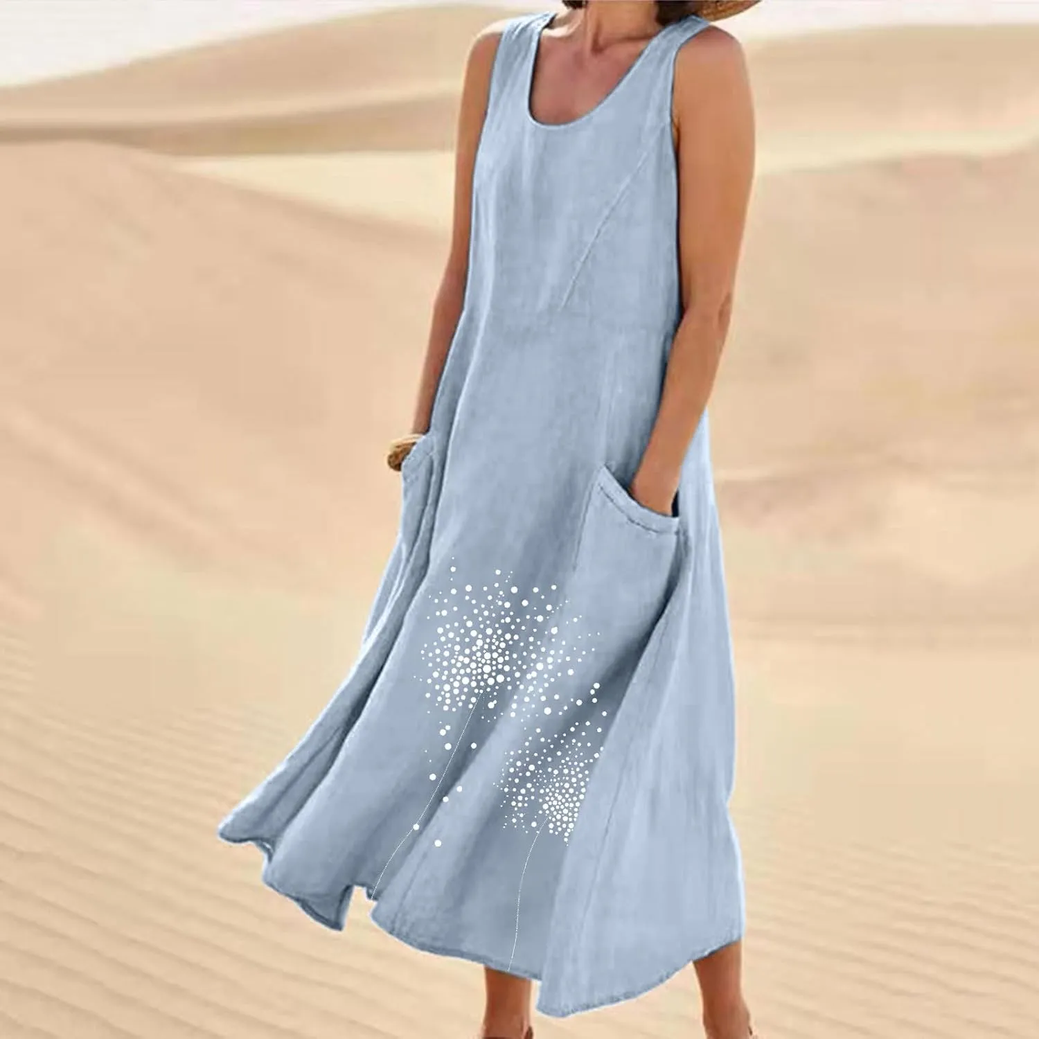 Women's Summer Casual Sleeveless Cotton Sun Dress Maxi Tank Beach 2025 Vacation Travel Floral Print Dress with Pockets