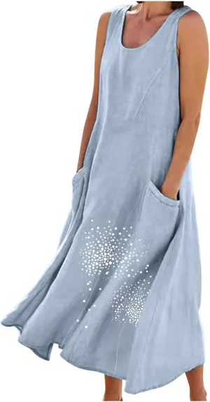 Women's Summer Casual Sleeveless Cotton Sun Dress Maxi Tank Beach 2025 Vacation Travel Floral Print Dress with Pockets