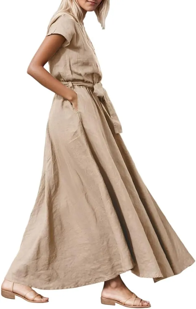 Womens Summer Cotton Linen Crewneck Short Sleeve Maxi Dress with Belt Loose Elastic Waist Flowy Dresses with 2 Pockets