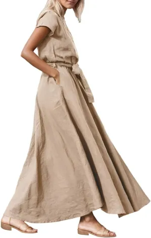 Womens Summer Cotton Linen Crewneck Short Sleeve Maxi Dress with Belt Loose Elastic Waist Flowy Dresses with 2 Pockets