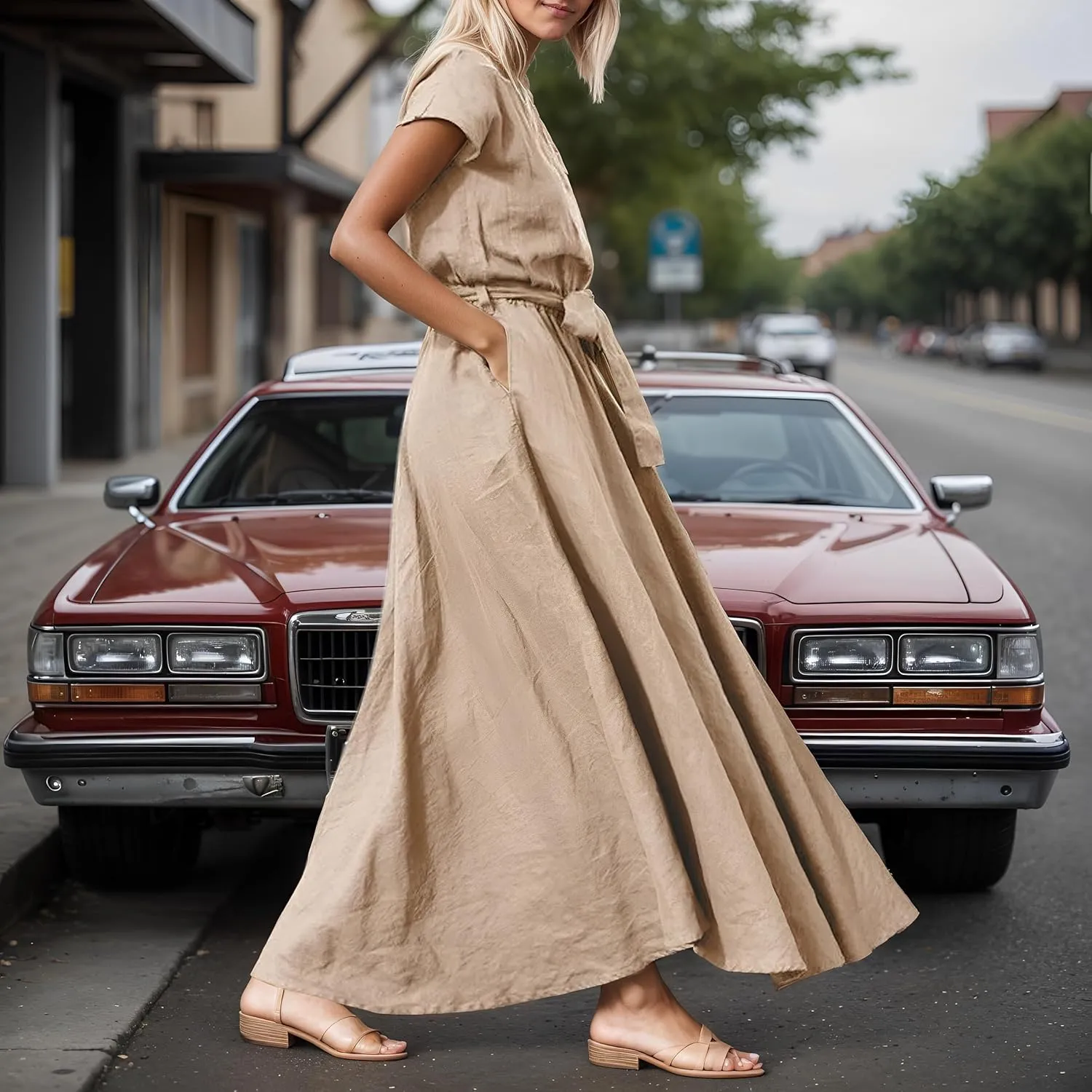 Womens Summer Cotton Linen Crewneck Short Sleeve Maxi Dress with Belt Loose Elastic Waist Flowy Dresses with 2 Pockets