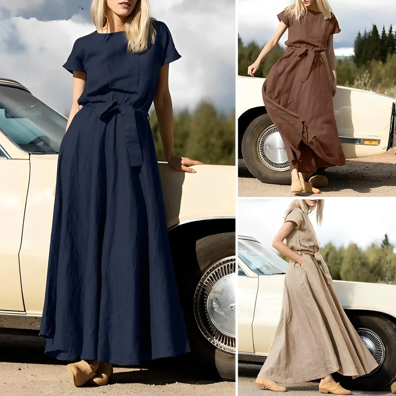 Womens Summer Cotton Linen Crewneck Short Sleeve Maxi Dress with Belt Loose Elastic Waist Flowy Dresses with 2 Pockets