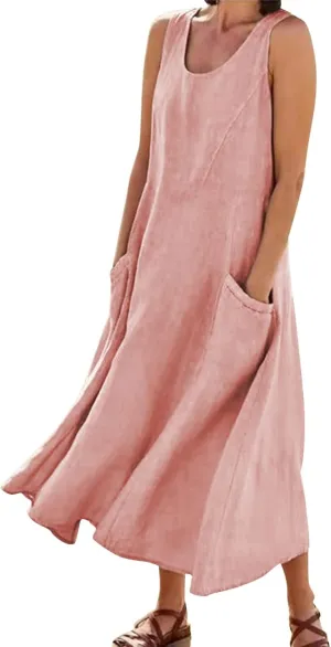 Women's Summer Cotton Linen Long Dress Sleeveless Elegant Flowy Dresses Plus Size Loose Comfy Sundress with Pockets
