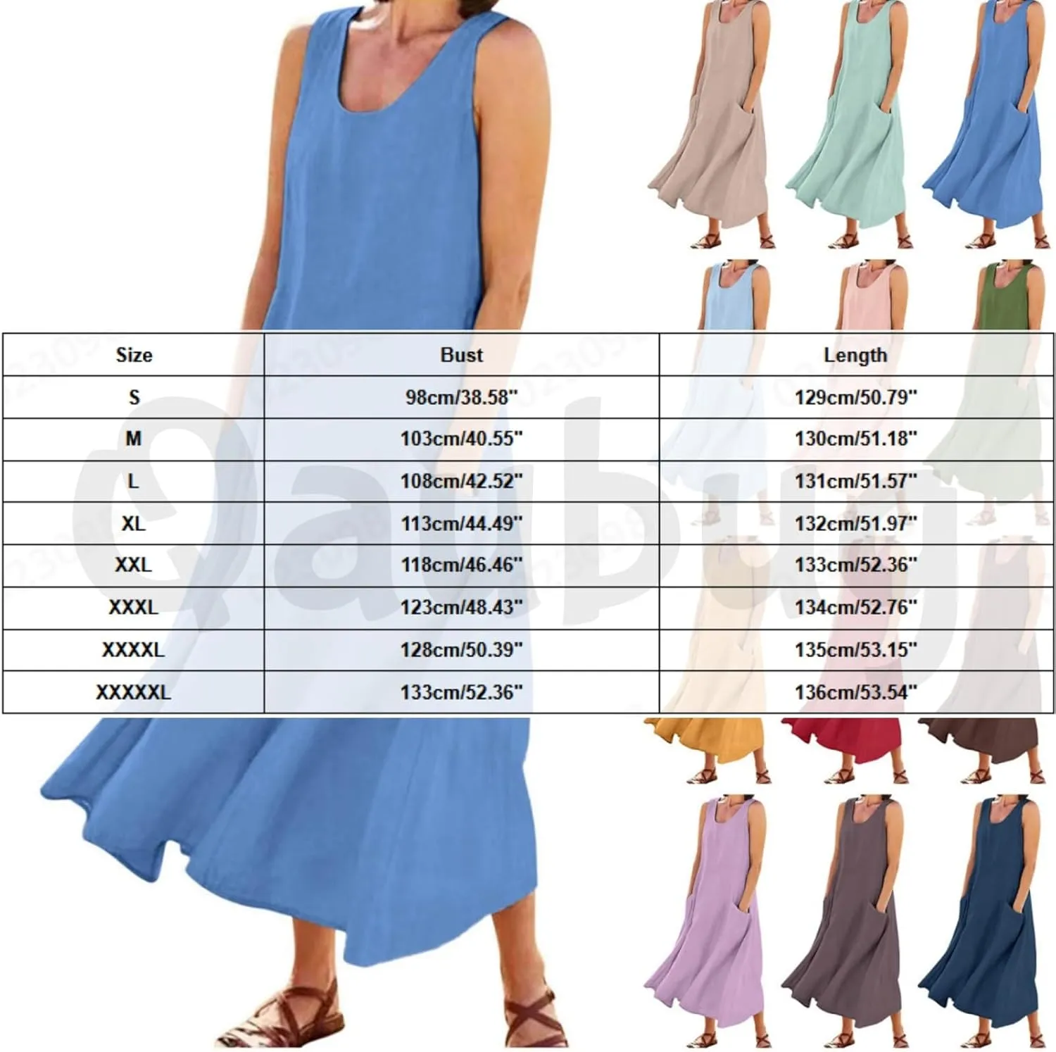 Women's Summer Cotton Linen Long Dress Sleeveless Elegant Flowy Dresses Plus Size Loose Comfy Sundress with Pockets
