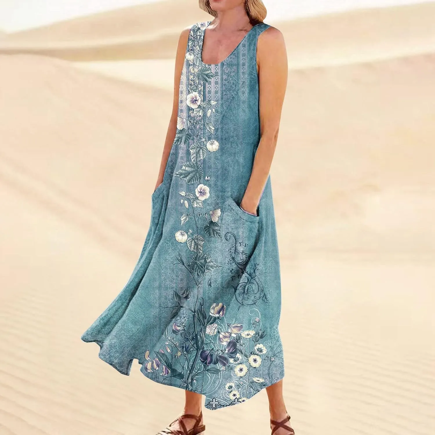 Women's Summer Cotton Linen Long Dress Sleeveless Elegant Flowy Dresses Plus Size Loose Sundress with Pockets