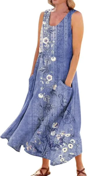 Women's Summer Cotton Linen Long Dress Sleeveless Elegant Flowy Dresses Plus Size Loose Sundress with Pockets