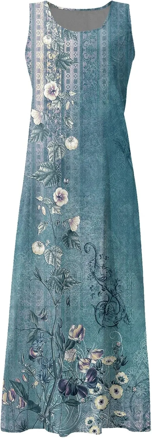 Women's Summer Cotton Linen Long Dress Sleeveless Elegant Flowy Dresses Plus Size Loose Sundress with Pockets