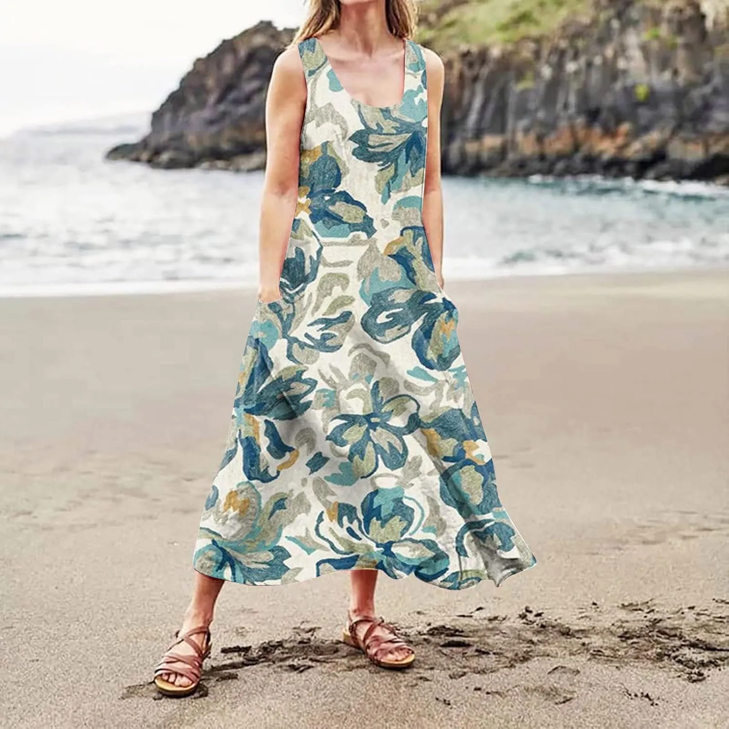 Women's Summer Cotton Linen Long Dress Sleeveless Elegant Flowy Dresses Plus Size Loose Sundress with Pockets