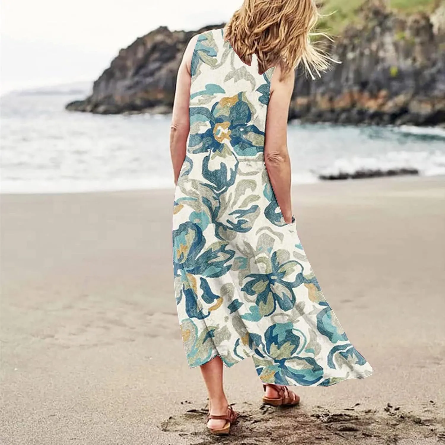 Women's Summer Cotton Linen Long Dress Sleeveless Elegant Flowy Dresses Plus Size Loose Sundress with Pockets