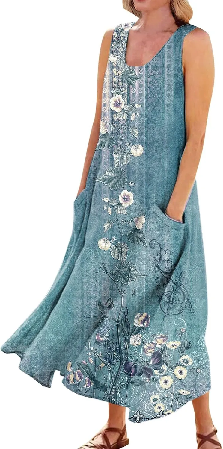 Women's Summer Cotton Linen Long Dress Sleeveless Elegant Flowy Dresses Plus Size Loose Sundress with Pockets