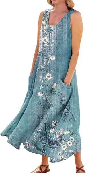 Women's Summer Cotton Linen Long Dress Sleeveless Elegant Flowy Dresses Plus Size Loose Sundress with Pockets