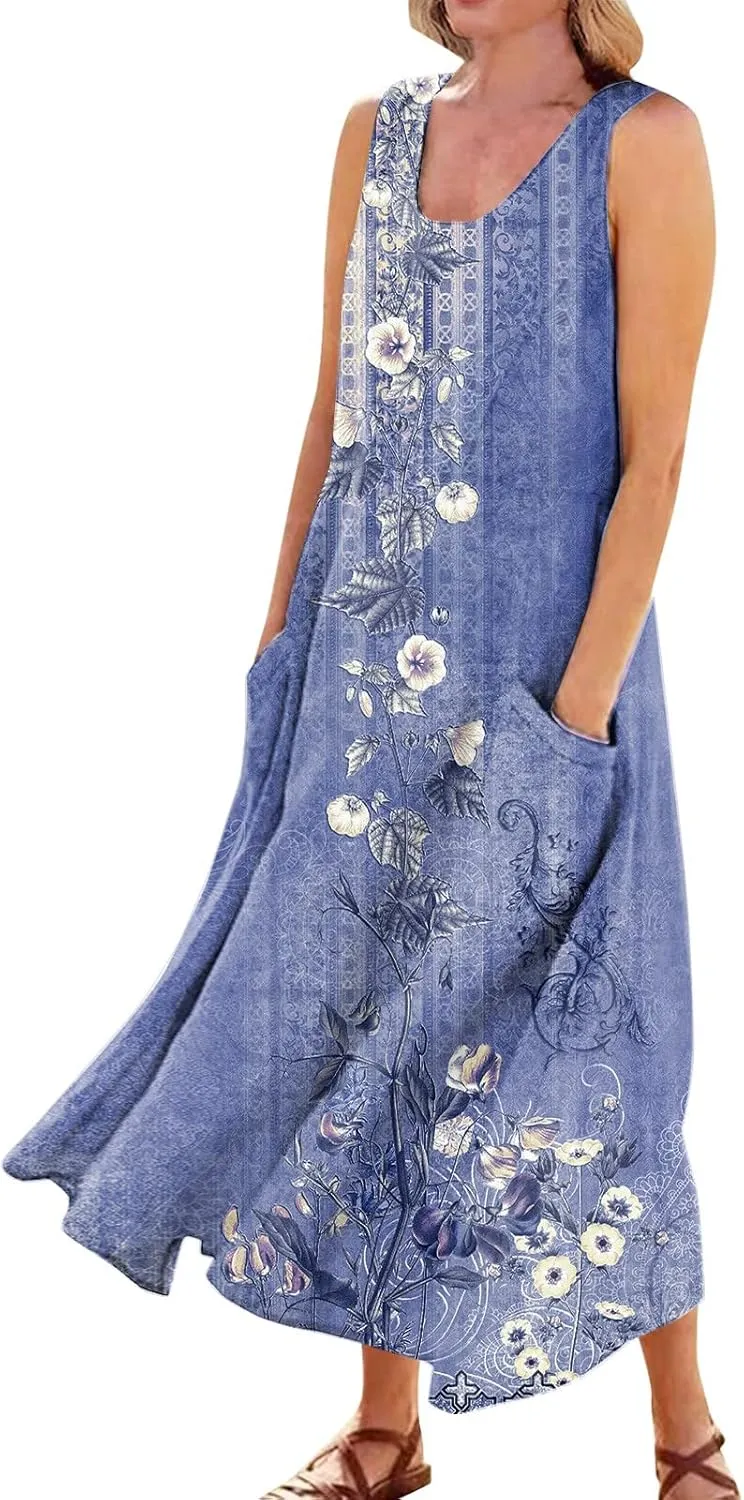 Women's Summer Cotton Linen Long Dress Sleeveless Elegant Flowy Dresses Plus Size Loose Sundress with Pockets