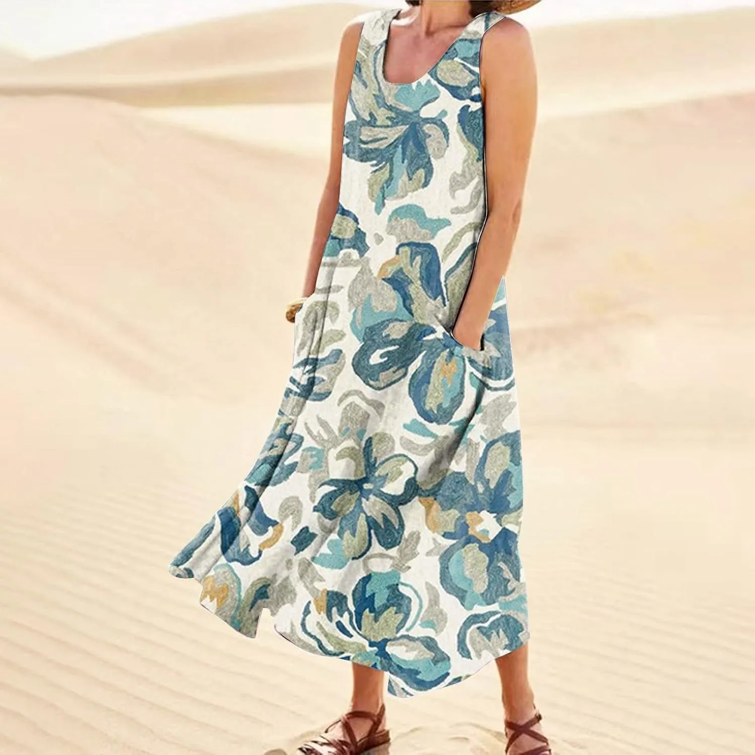 Women's Summer Cotton Linen Long Dress Sleeveless Elegant Flowy Dresses Plus Size Loose Sundress with Pockets