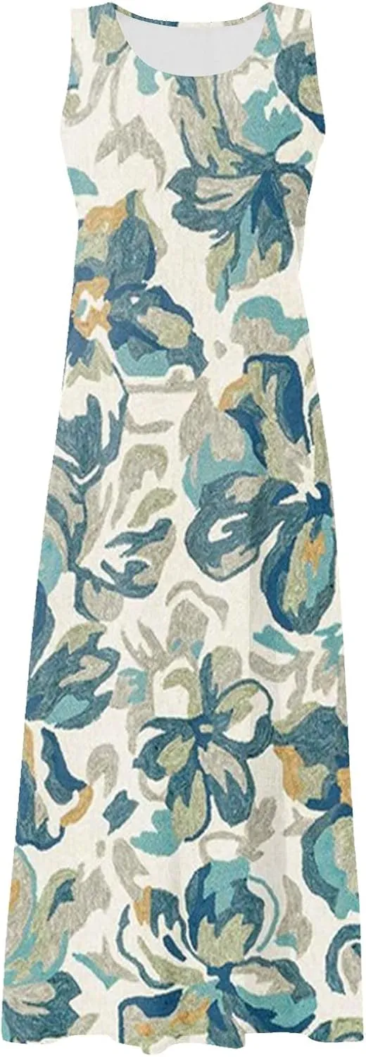 Women's Summer Cotton Linen Long Dress Sleeveless Elegant Flowy Dresses Plus Size Loose Sundress with Pockets