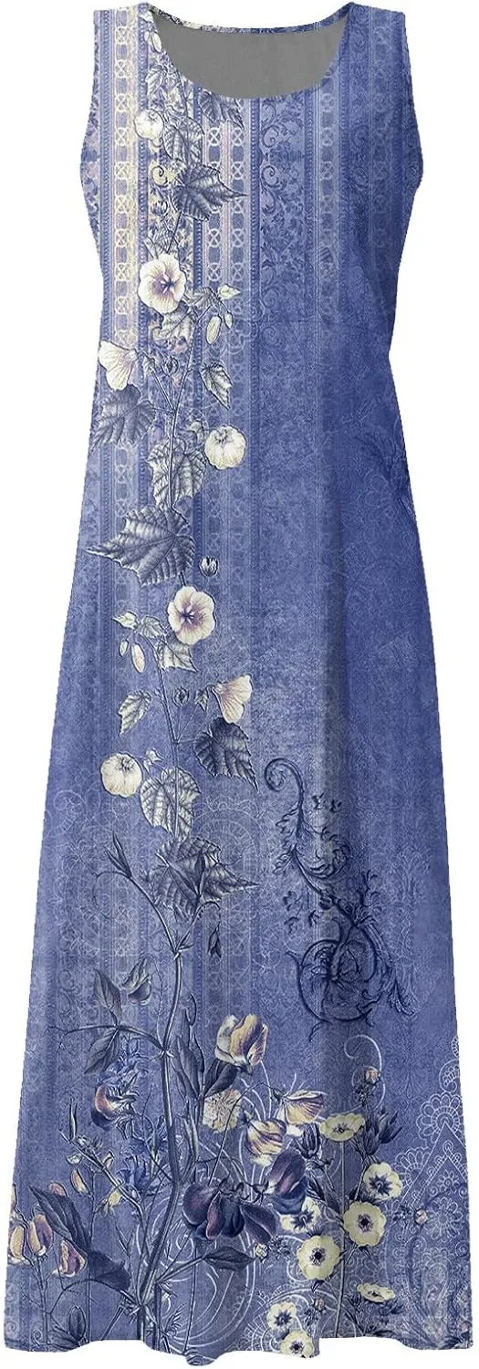 Women's Summer Cotton Linen Long Dress Sleeveless Elegant Flowy Dresses Plus Size Loose Sundress with Pockets