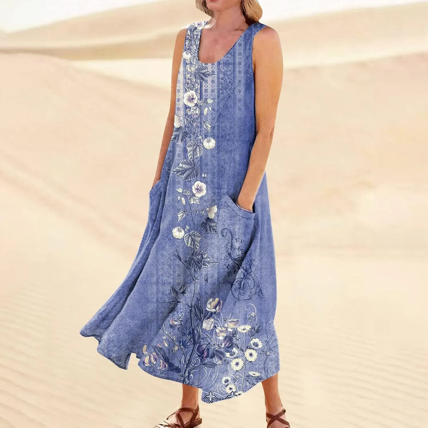 Women's Summer Cotton Linen Long Dress Sleeveless Elegant Flowy Dresses Plus Size Loose Sundress with Pockets
