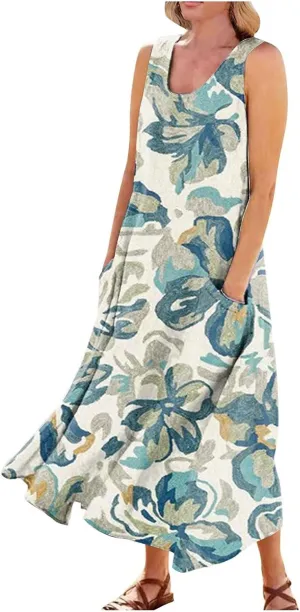 Women's Summer Cotton Linen Long Dress Sleeveless Elegant Flowy Dresses Plus Size Loose Sundress with Pockets