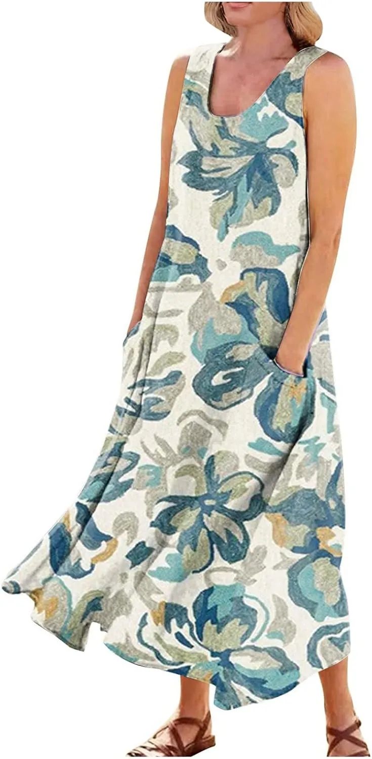 Women's Summer Cotton Linen Long Dress Sleeveless Elegant Flowy Dresses Plus Size Loose Sundress with Pockets