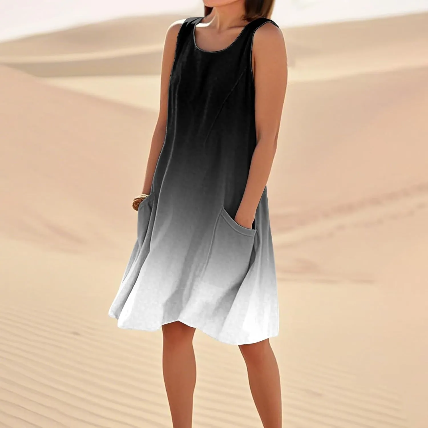 Women's Summer Cotton Linen Midi Dress Sleeveless Elegant Flowy Dresses Plus Size Loose Comfy Dress with Pockets