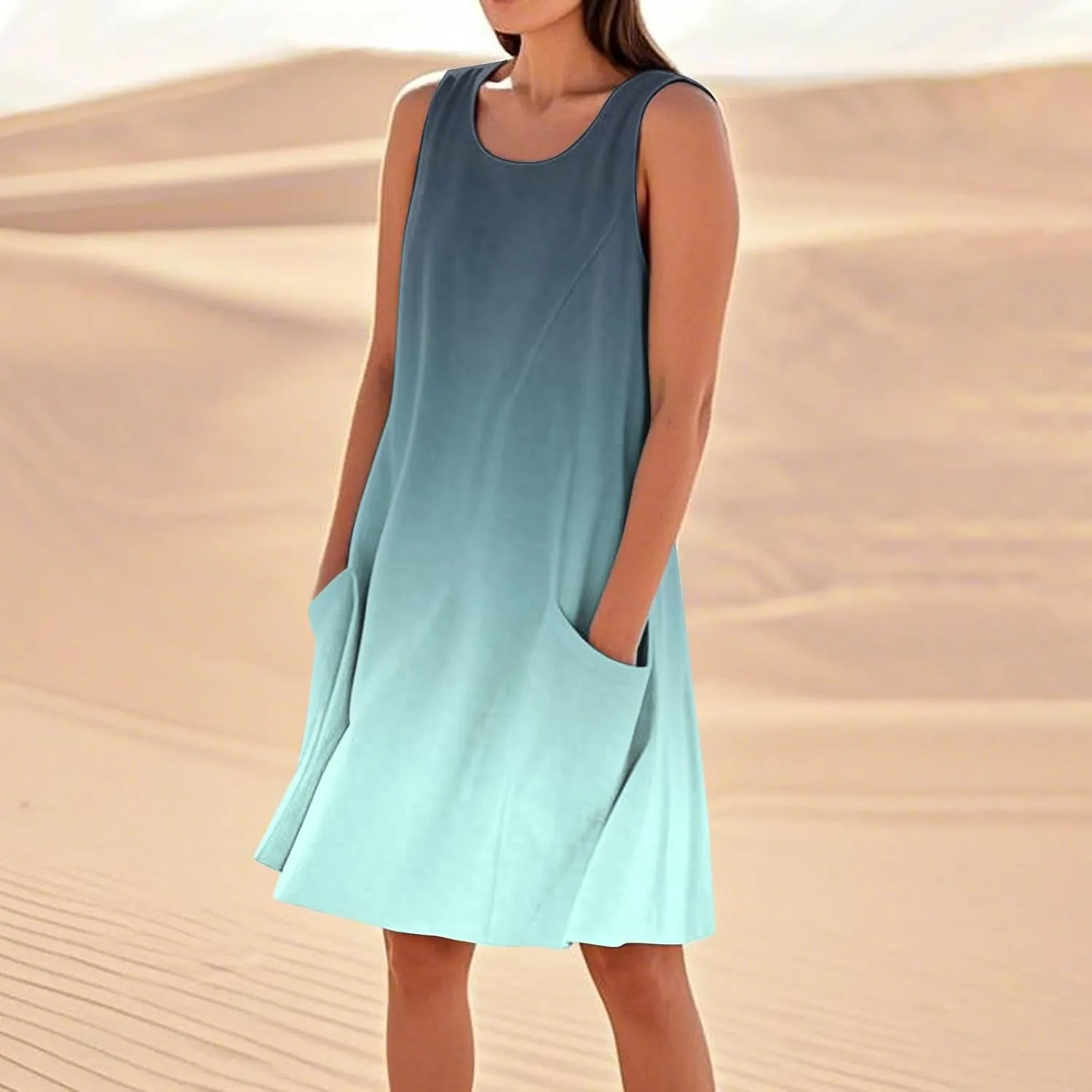 Women's Summer Cotton Linen Midi Dress Sleeveless Elegant Flowy Dresses Plus Size Loose Comfy Dress with Pockets