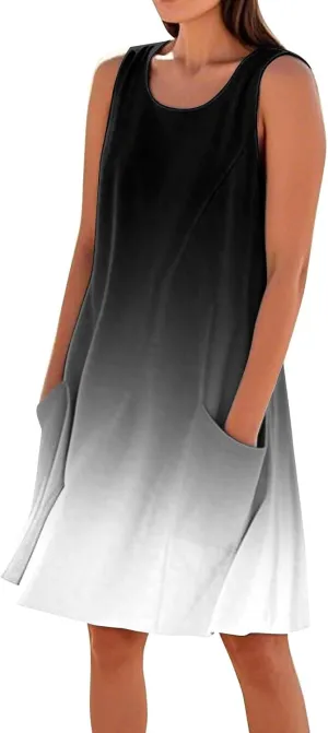Women's Summer Cotton Linen Midi Dress Sleeveless Elegant Flowy Dresses Plus Size Loose Comfy Dress with Pockets