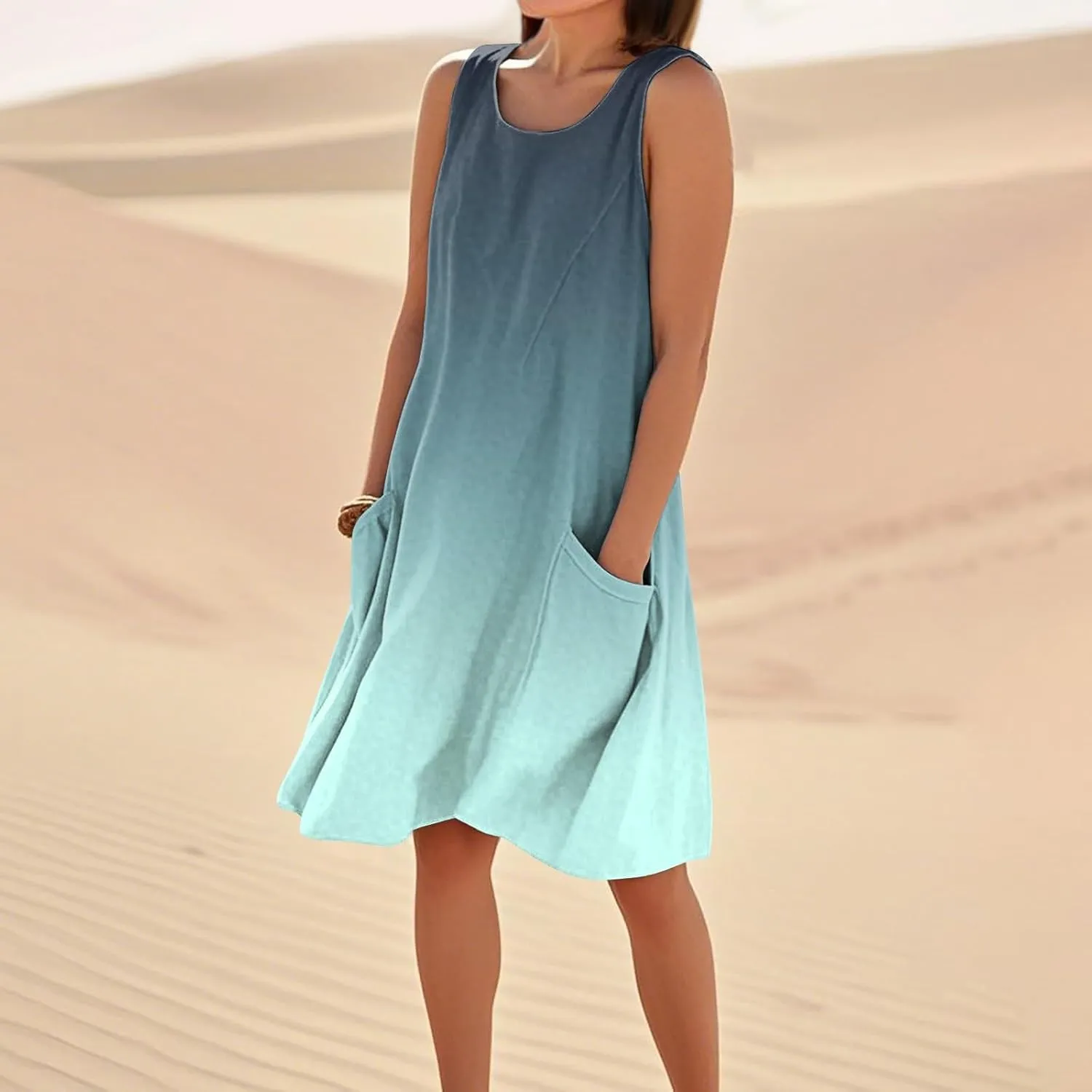 Women's Summer Cotton Linen Midi Dress Sleeveless Elegant Flowy Dresses Plus Size Loose Comfy Dress with Pockets