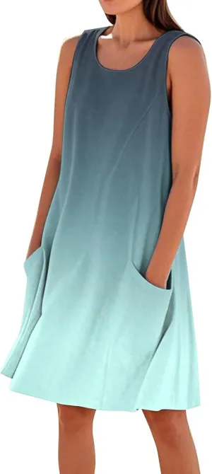 Women's Summer Cotton Linen Midi Dress Sleeveless Elegant Flowy Dresses Plus Size Loose Comfy Dress with Pockets
