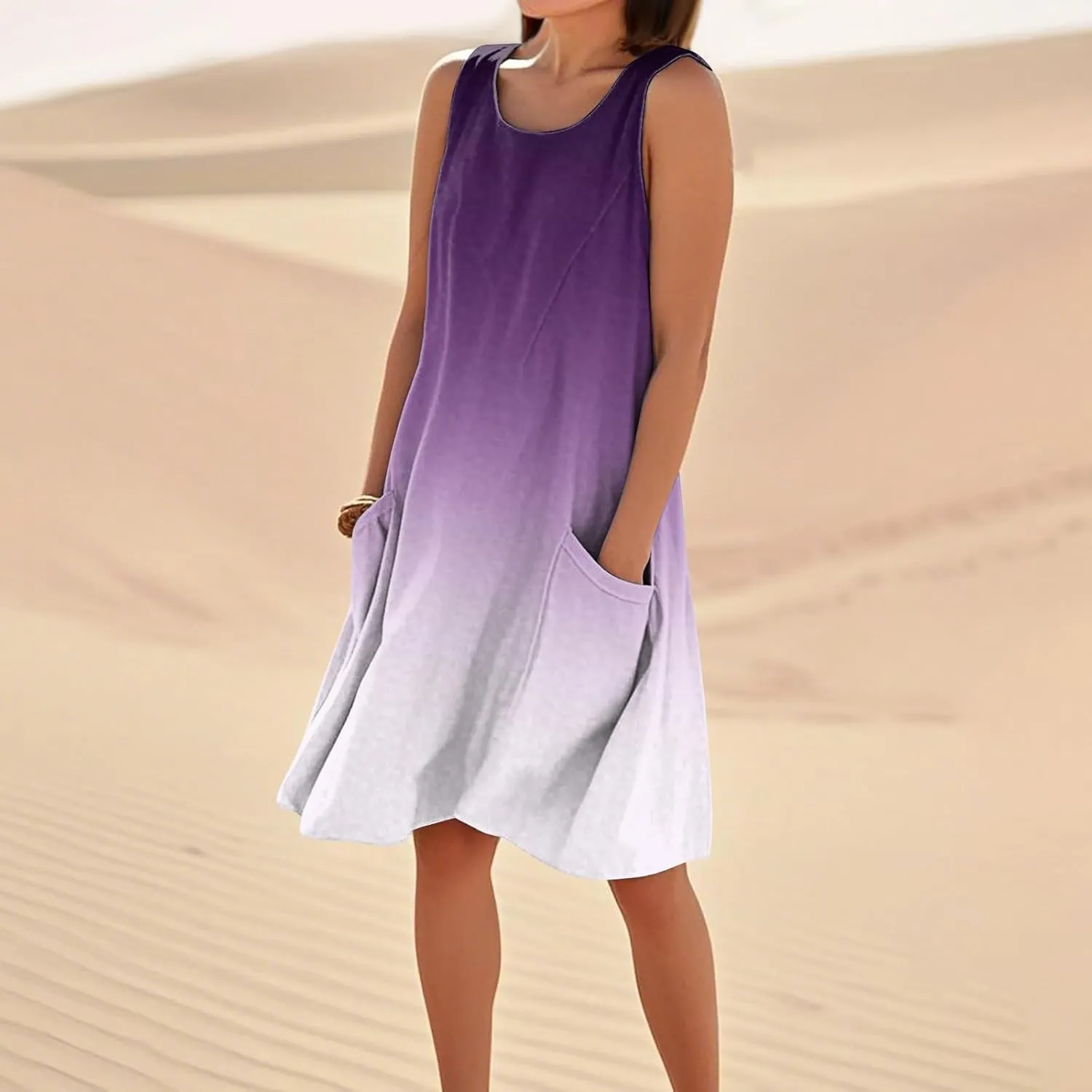 Women's Summer Cotton Linen Midi Dress Sleeveless Elegant Flowy Dresses Plus Size Loose Comfy Dress with Pockets