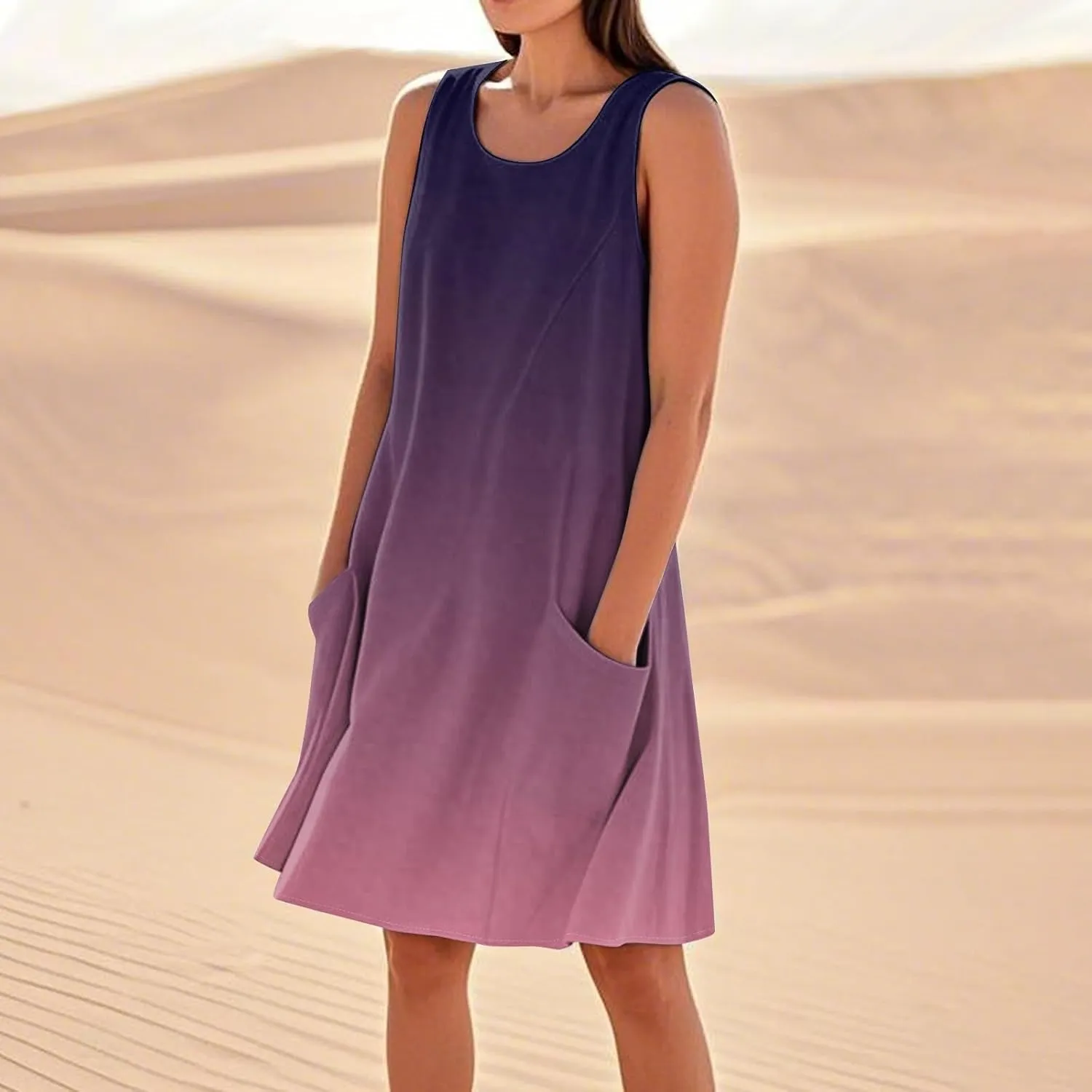 Women's Summer Cotton Linen Midi Dress Sleeveless Elegant Flowy Dresses Plus Size Loose Comfy Dress with Pockets