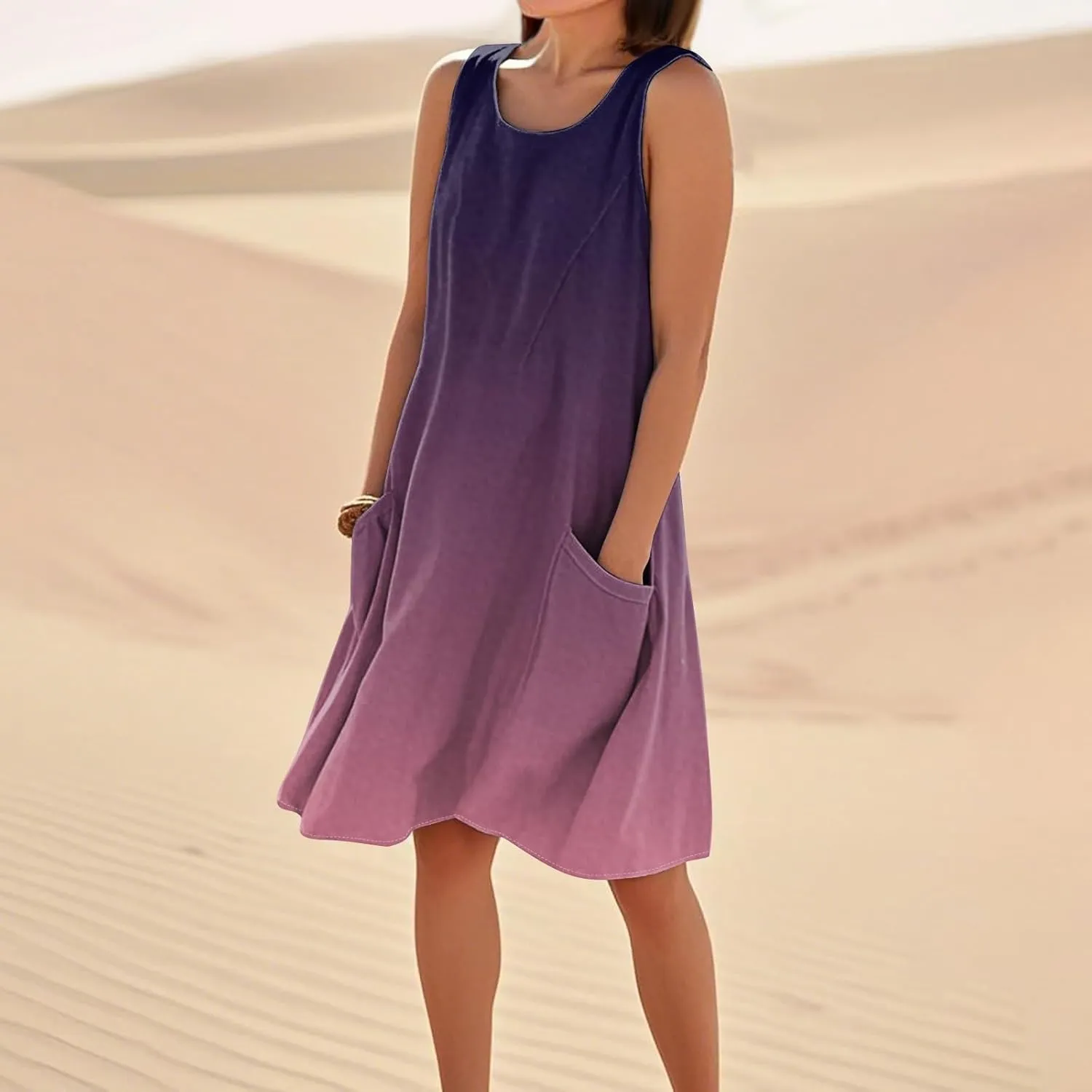 Women's Summer Cotton Linen Midi Dress Sleeveless Elegant Flowy Dresses Plus Size Loose Comfy Dress with Pockets