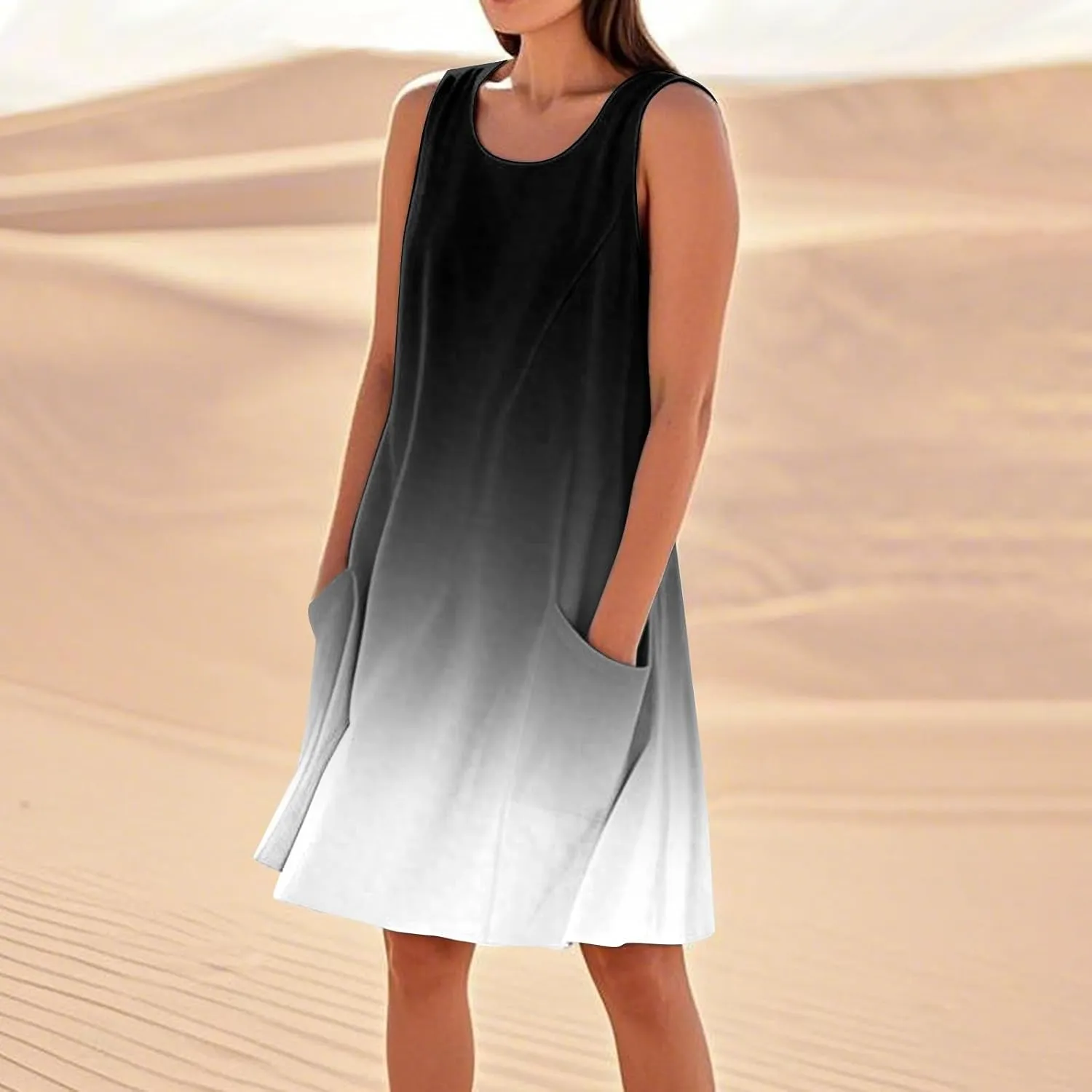 Women's Summer Cotton Linen Midi Dress Sleeveless Elegant Flowy Dresses Plus Size Loose Comfy Dress with Pockets