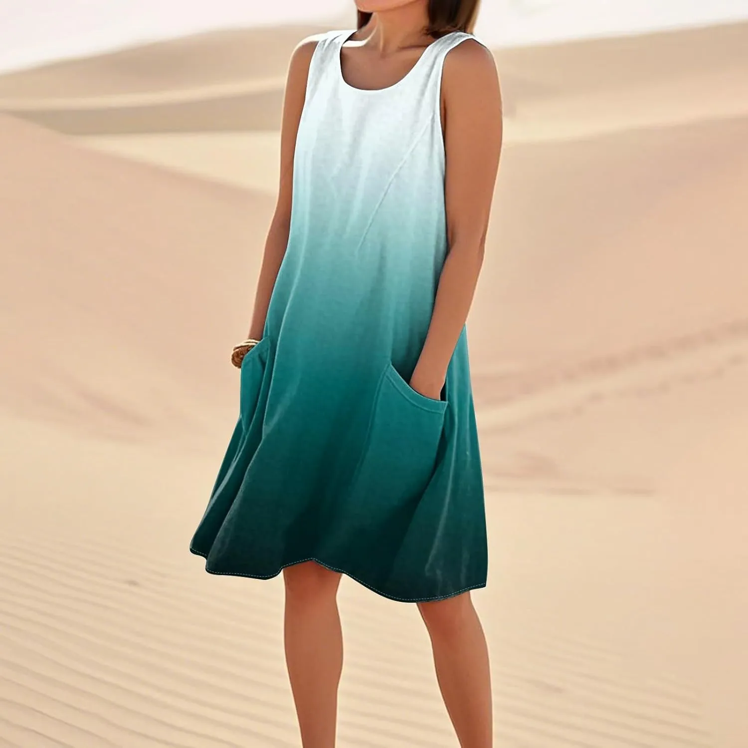 Women's Summer Cotton Linen Midi Dress Sleeveless Elegant Flowy Dresses Plus Size Loose Comfy Dress with Pockets