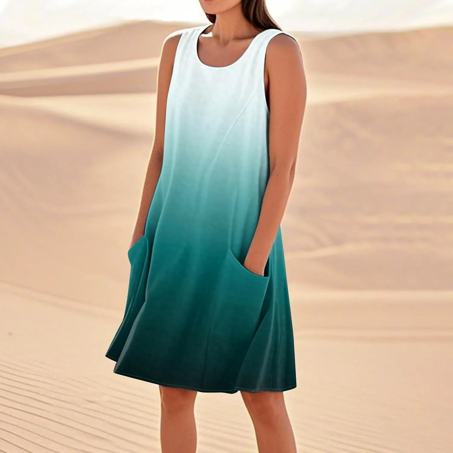 Women's Summer Cotton Linen Midi Dress Sleeveless Elegant Flowy Dresses Plus Size Loose Comfy Dress with Pockets