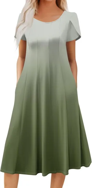 Women's Summer Cotton Long Dress Short Sleeve Elegant Flowy Solid Color Plus Size Casual Sundresses with Pockets