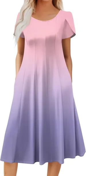 Women's Summer Cotton Long Dress Short Sleeve Elegant Flowy Solid Color Plus Size Casual Sundresses with Pockets