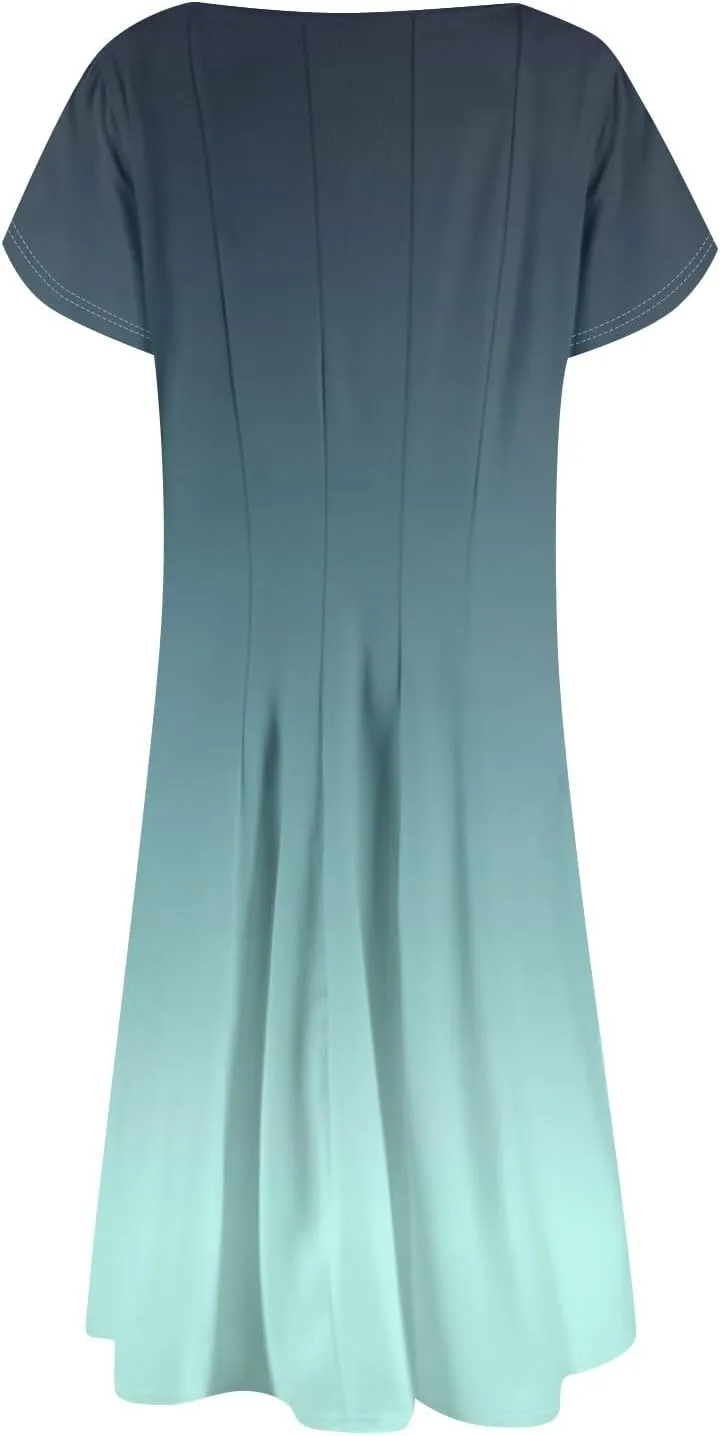 Women's Summer Cotton Long Dress Short Sleeve Elegant Flowy Solid Color Plus Size Casual Sundresses with Pockets