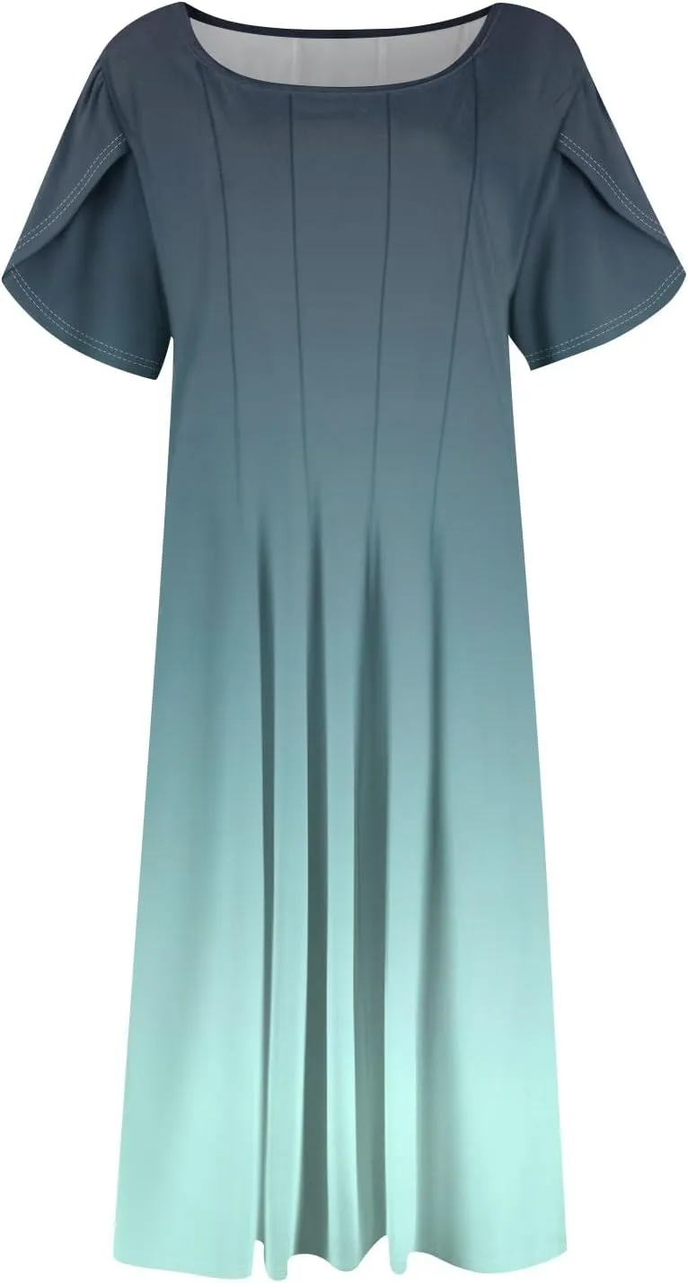 Women's Summer Cotton Long Dress Short Sleeve Elegant Flowy Solid Color Plus Size Casual Sundresses with Pockets