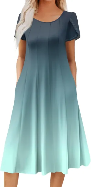 Women's Summer Cotton Long Dress Short Sleeve Elegant Flowy Solid Color Plus Size Casual Sundresses with Pockets