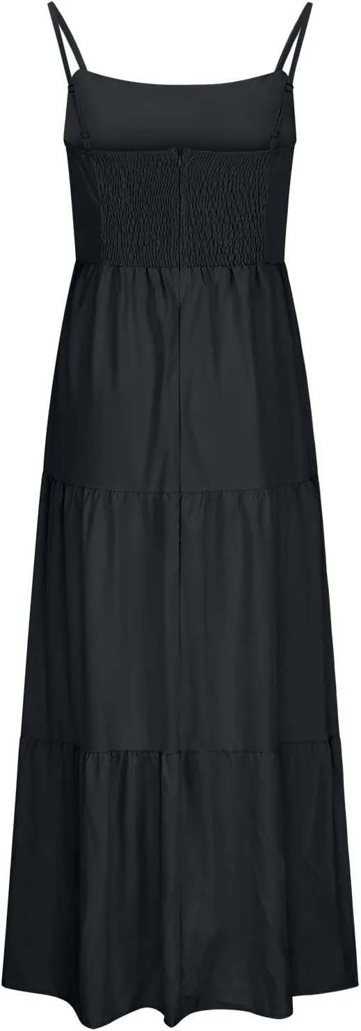 Women's Summer Cutout Maxi Dress Casual Boho Sleeveless Spaghetti Strap Long Beach Dress Smocked Tiered Sun Dresses